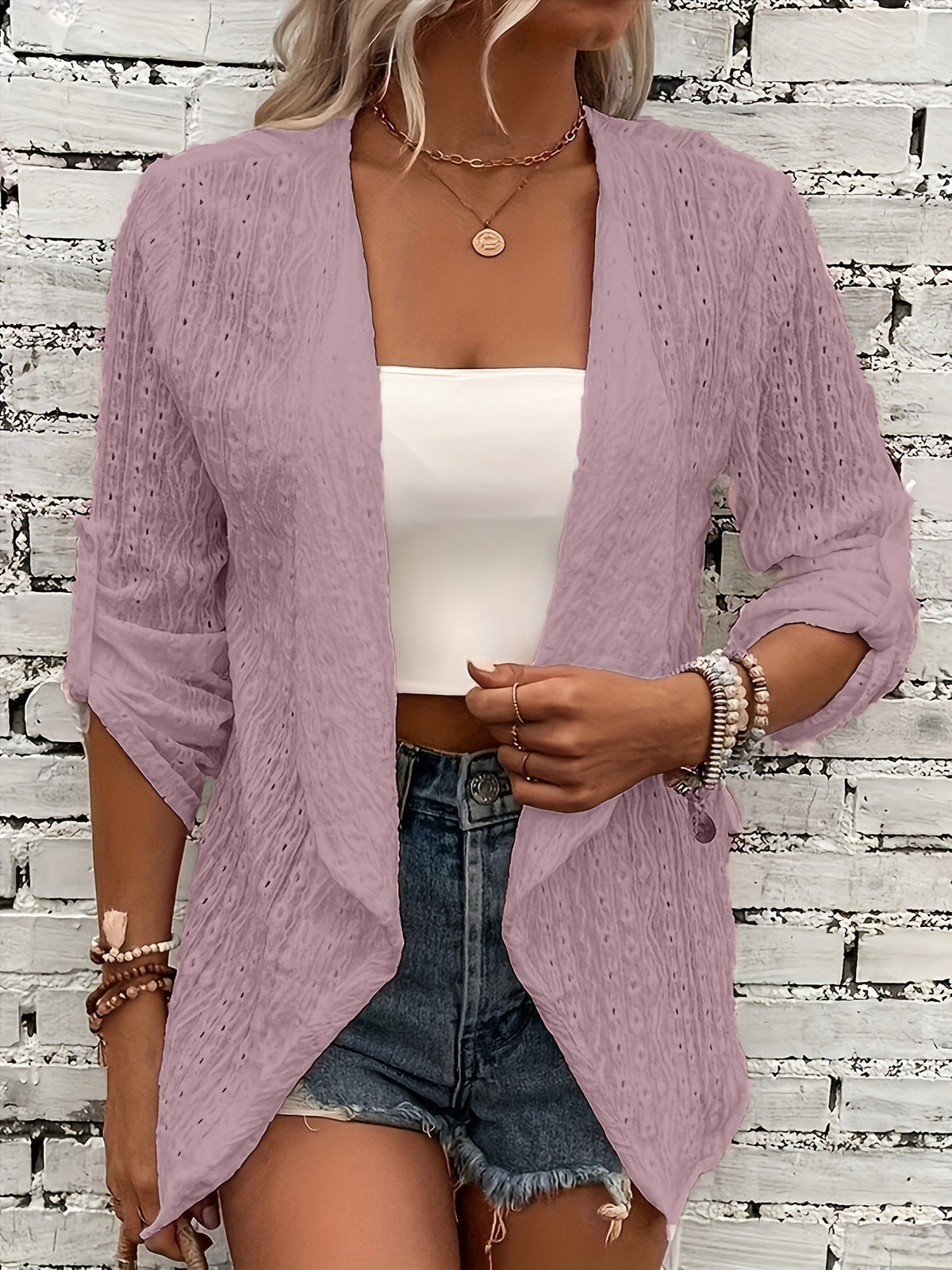 Women's Open Crochet Cardigan Mid-Length Relaxed Fit