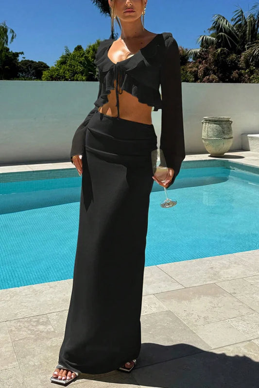 Women's Two-Piece Maxi Skirt Set with Ruffled Tie-Front Crop Top