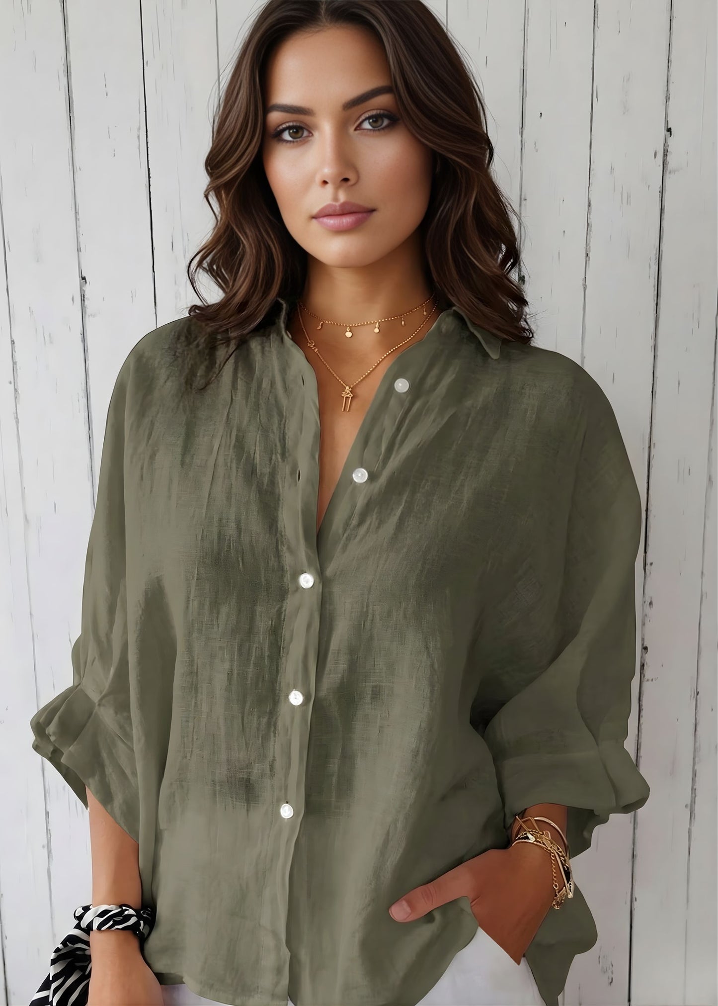 Women¡¯s Oversized Cotton Linen Shirt Long Sleeve Button Down