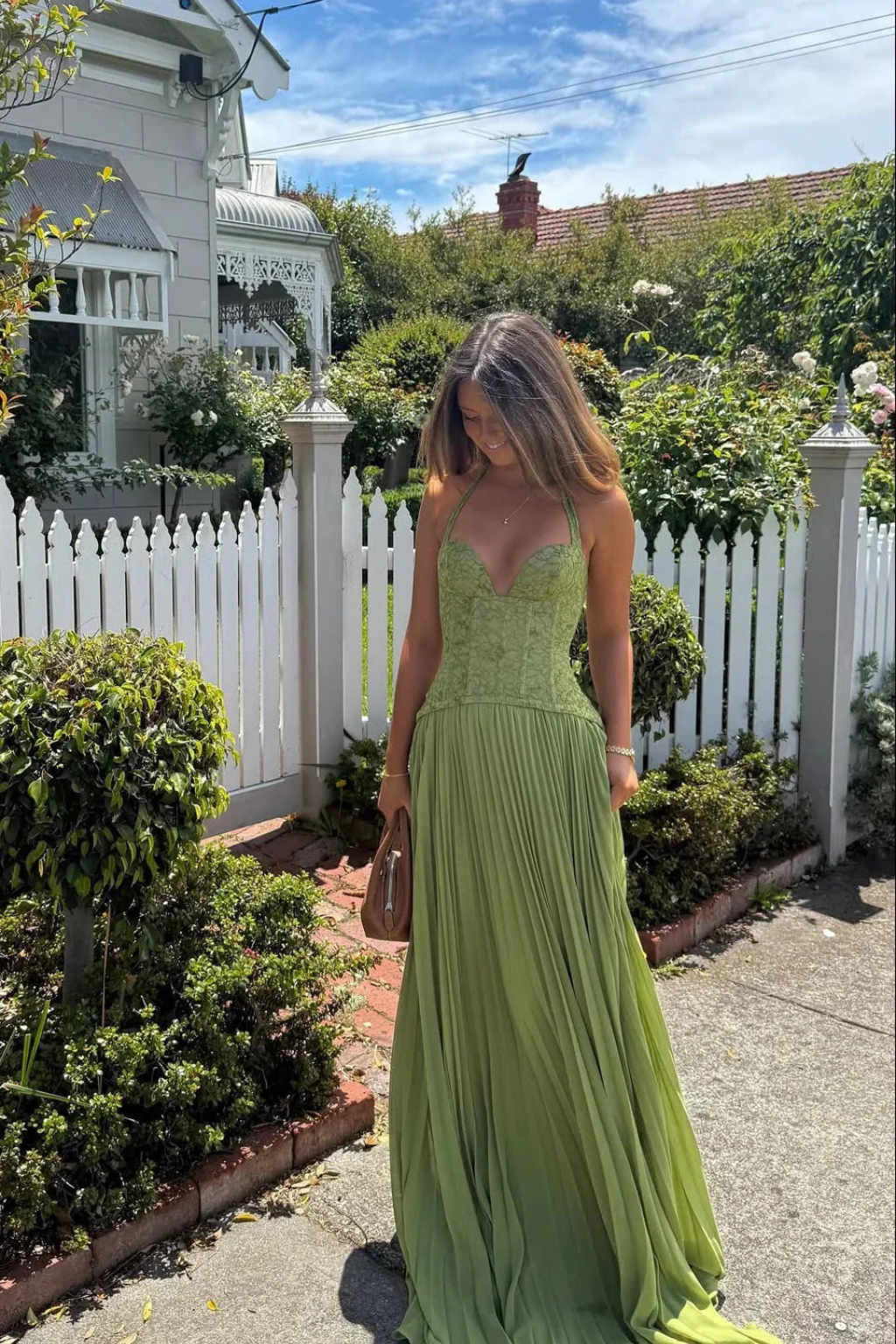 Women Halter Lace Corset Pleated Green Wedding Guest Maxi Dress