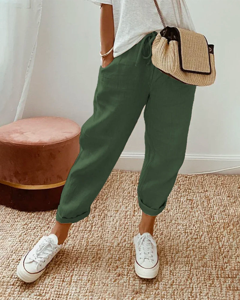 Women’s Casual Pants with Elastic Waistband and Functional Side Pockets