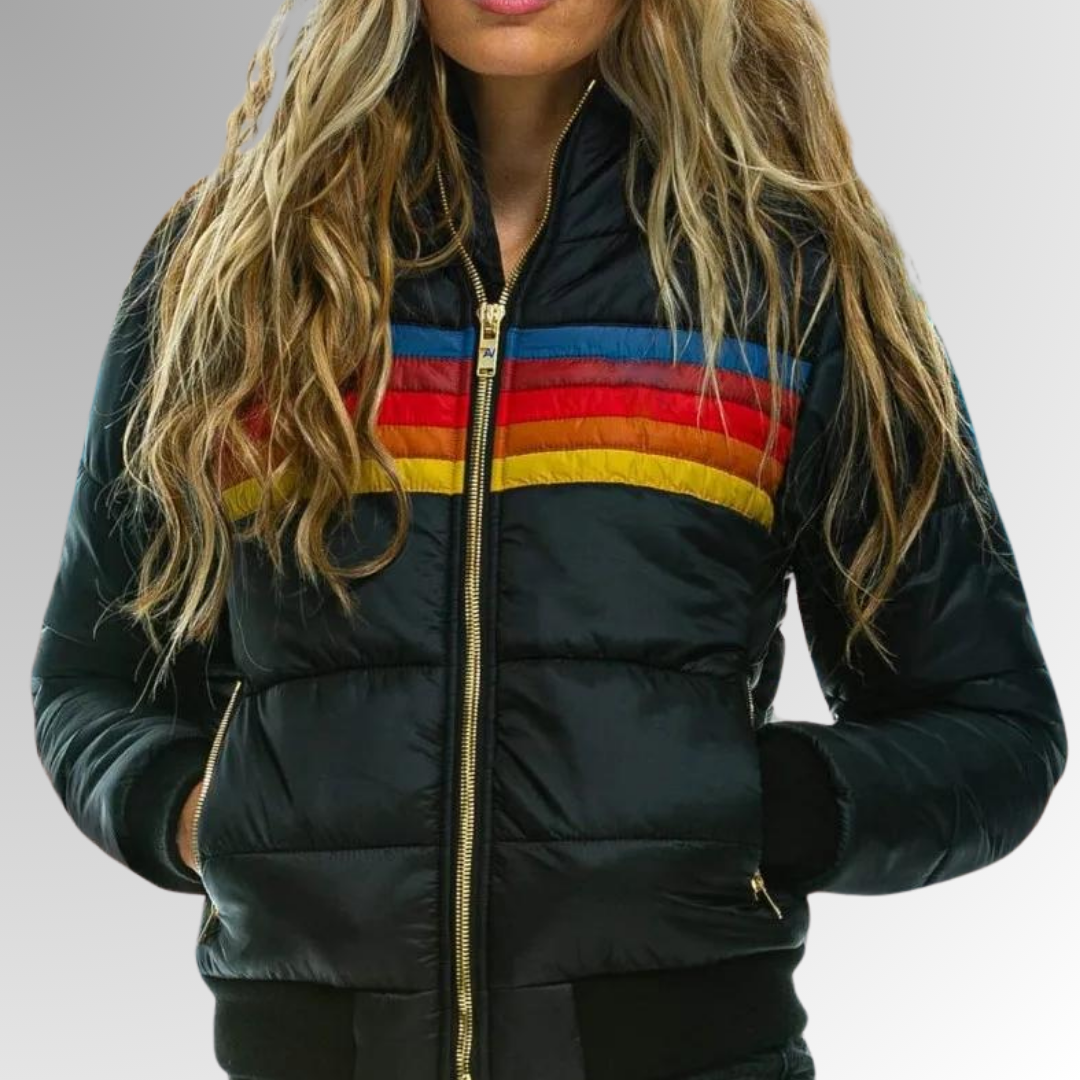 Women’s Blazer jackets Alternative with Retro Rainbow Stripe and Hooded Puffer Design