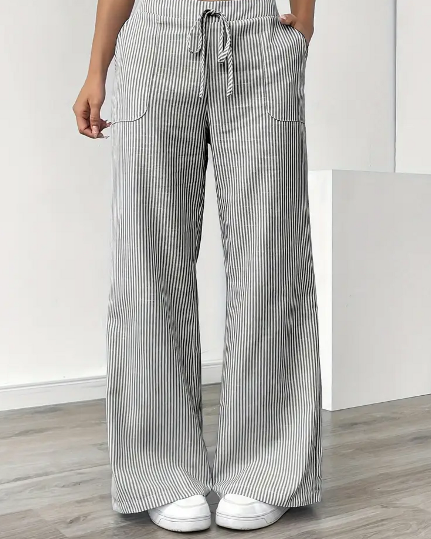 Women’s Linen Striped Pants with Drawstring Waist and Pockets