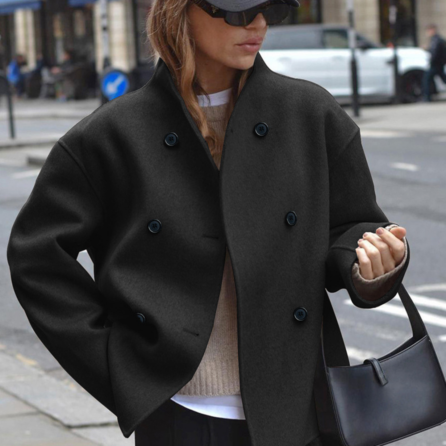 Women’s Double-Breasted Wool Blend Short Coat Oversized Boxy Peacoat