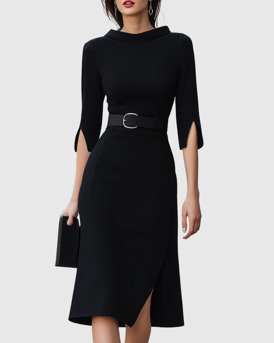 Women’s Midi Sheath Dress with Mock Neck and Split Cuff Sleeves