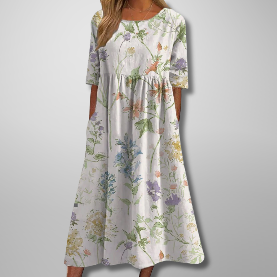 Women’s Midi Dress with Raised Floral Embroidery and Empire Waist Silhouette