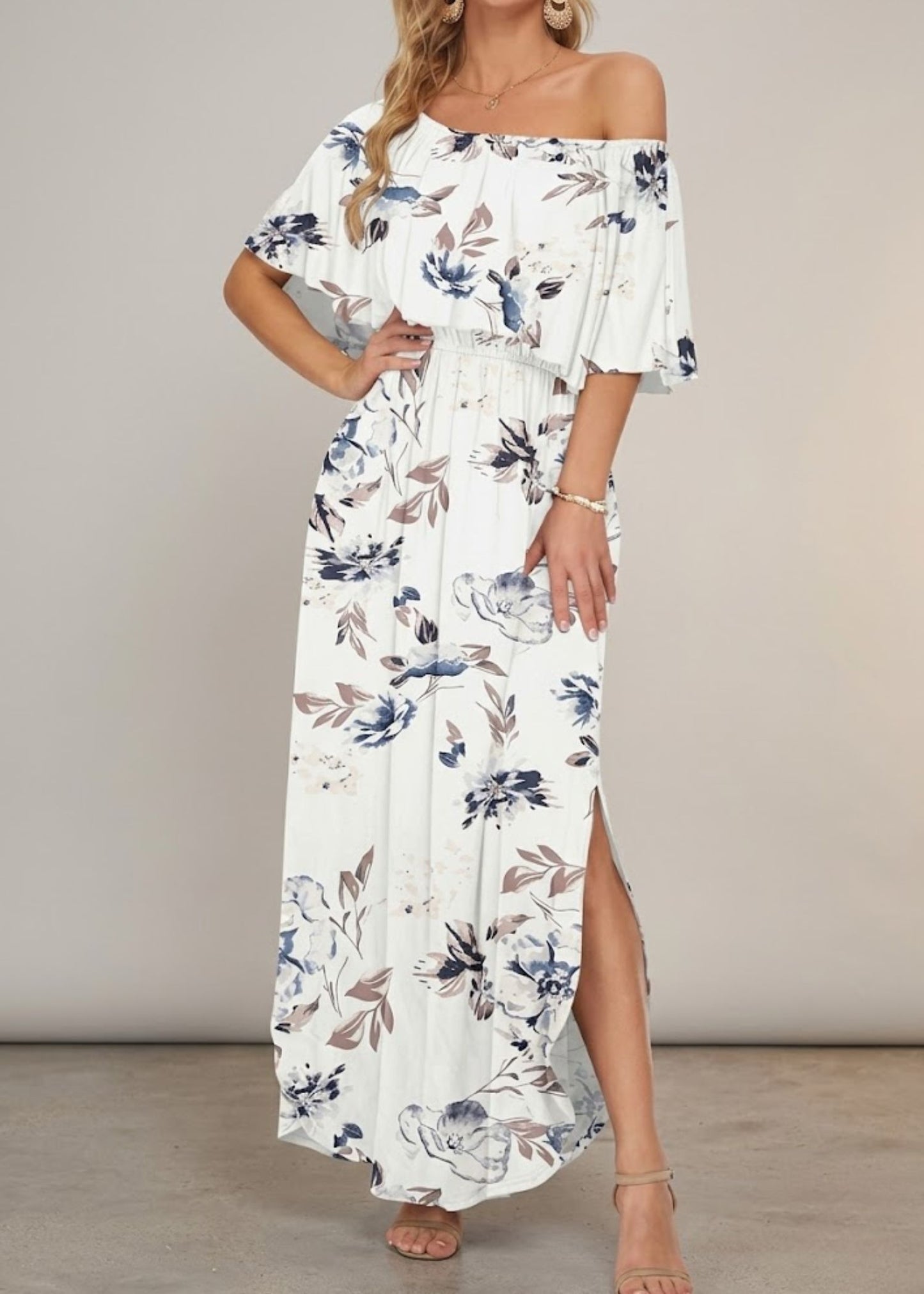 Women’s Off the Shoulder Maxi Dress with Ruffle Overlay and Side Pockets