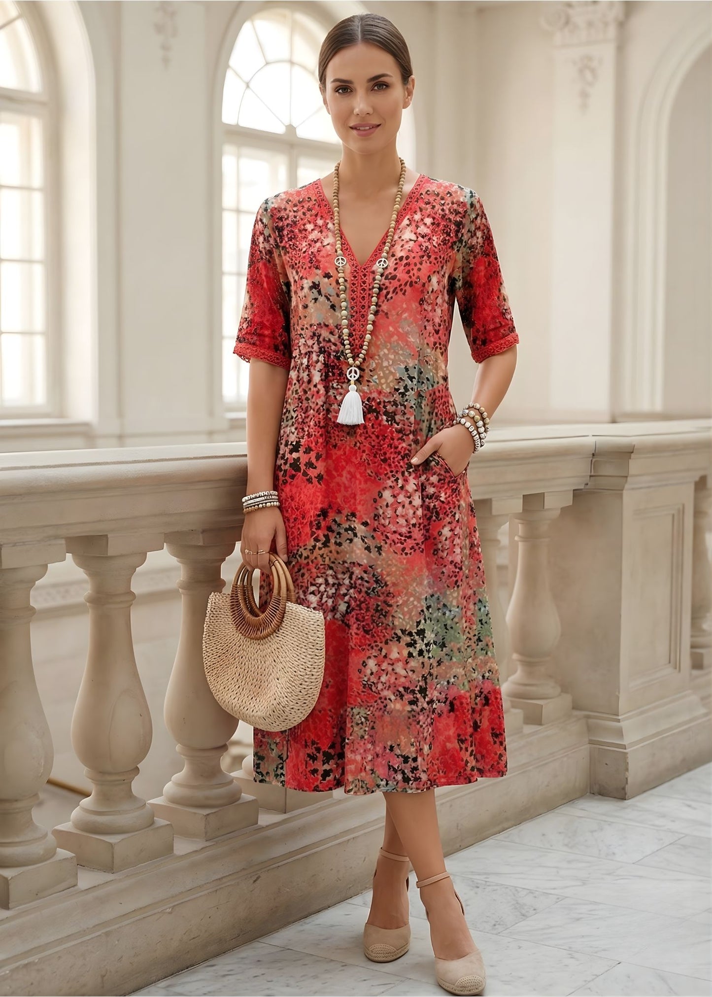 Women’s Floral V-Neck Shift Dress with Pockets and Boho Tassel Detail