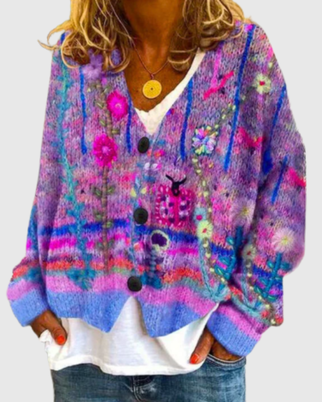 Ceylan Women's Floral Embroidered Chunky Knit Cardigan