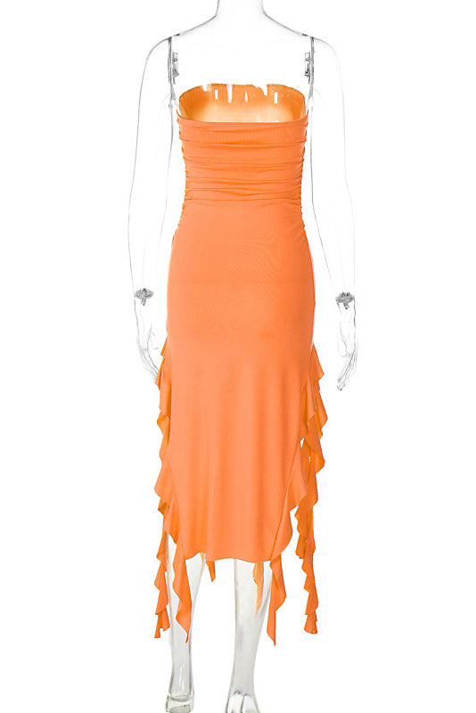 Women’s Strapless Bodycon Maxi Dress with Side Vertical Ruffle Trim