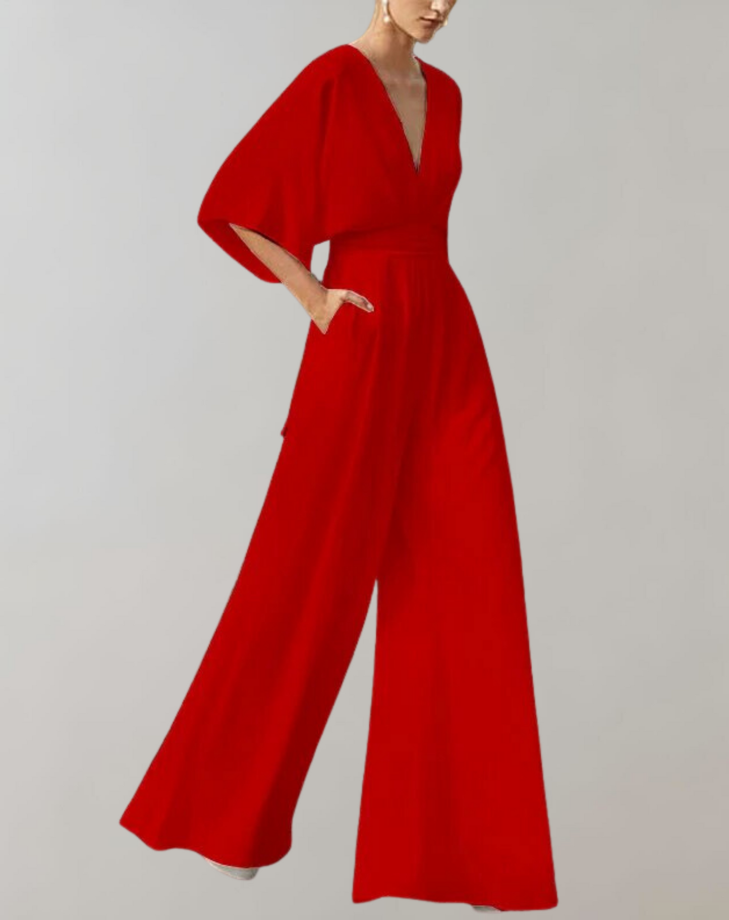 Women¡¯s Wide Leg Jumpsuit with Deep V-Neck and Flutter Kimono Sleeves