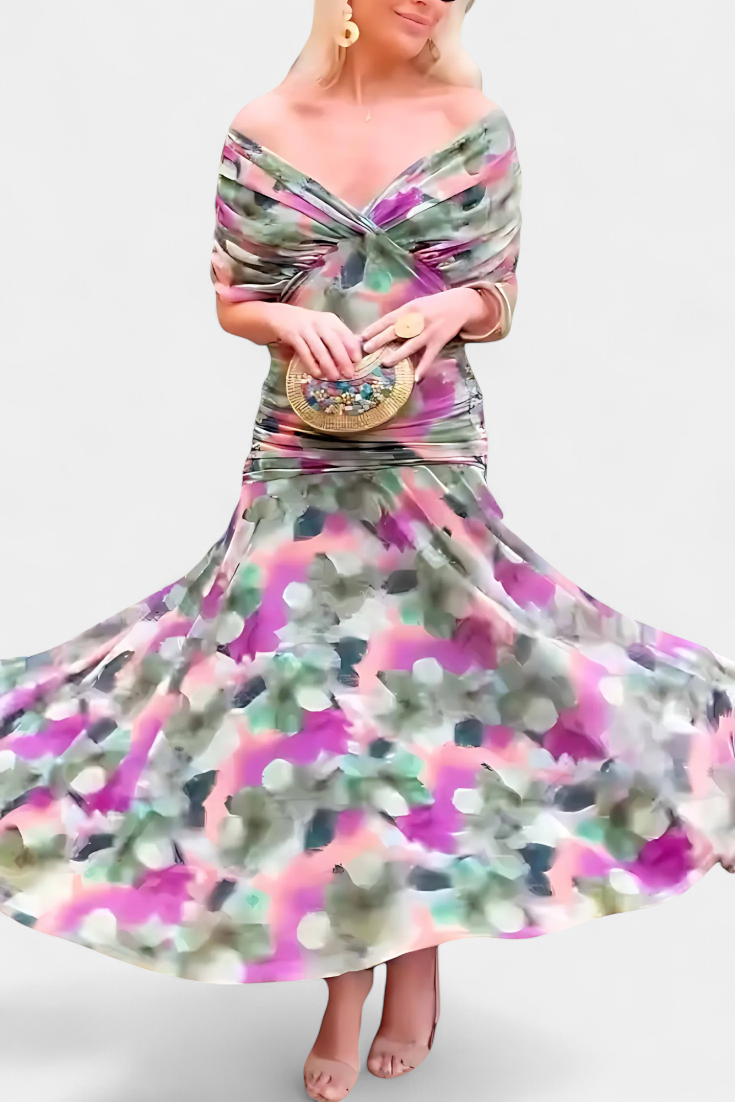 Women's Off-The-Shoulder Ruched Floral Maxi Dress with Sweetheart Neckline
