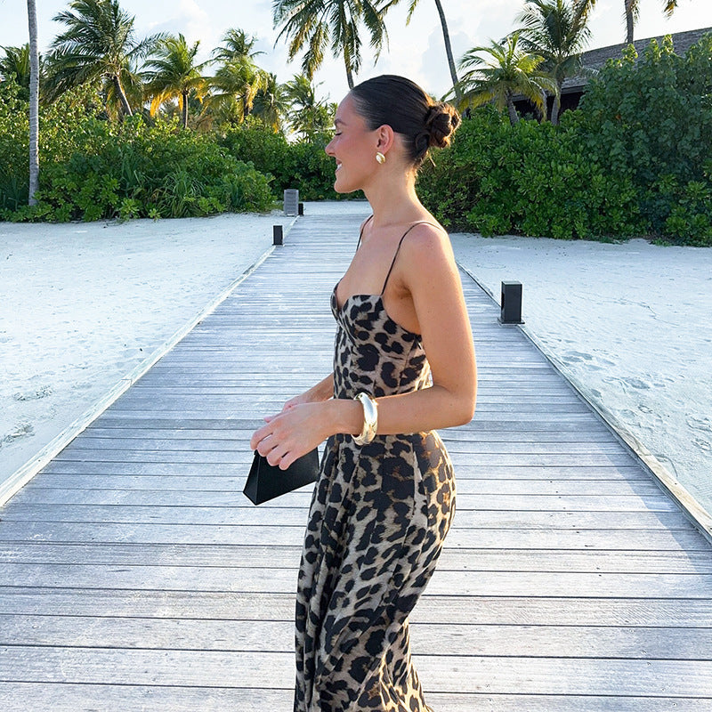 Women’s Leopard Print Maxi Dress with Sweetheart Balconette Bodice