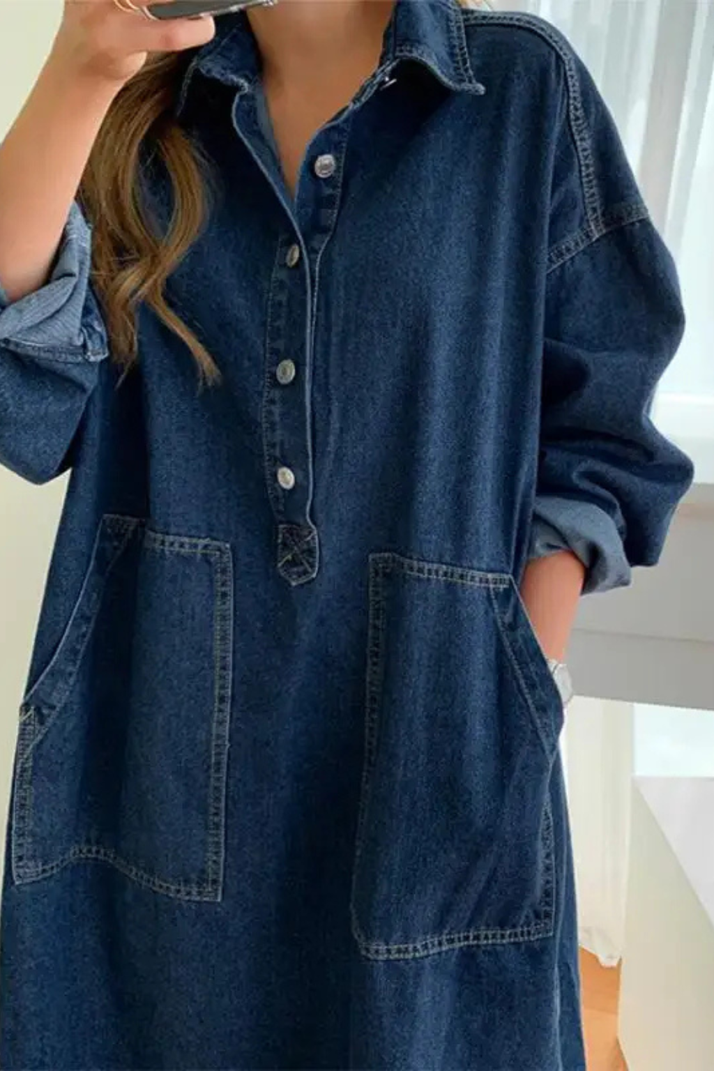 Women’s Maxi Dress with Oversized Denim Silhouette and Functional Patch Pockets