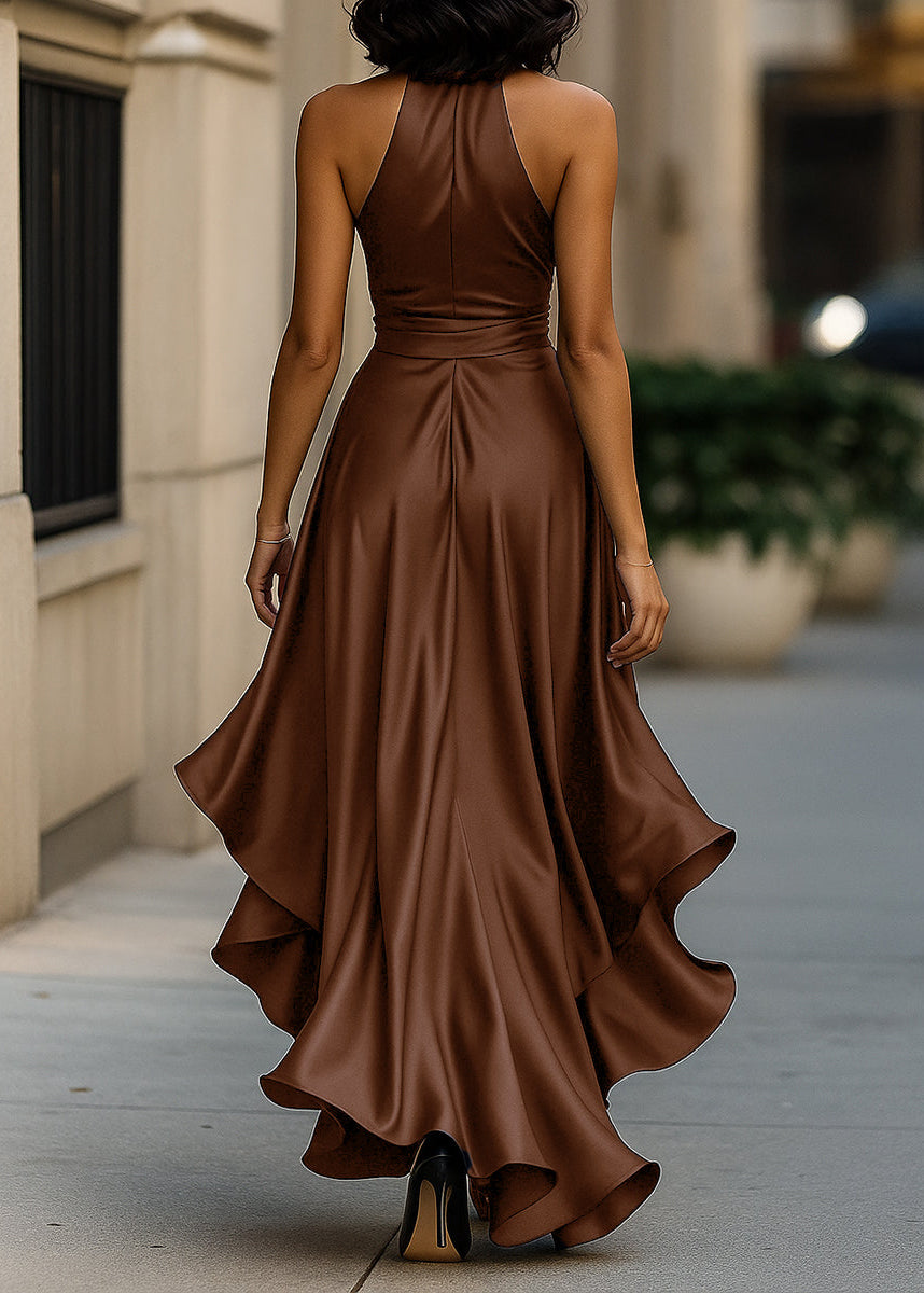 Ceylan Women’s Satin Halter Neck Gown with Asymmetric Ruffles