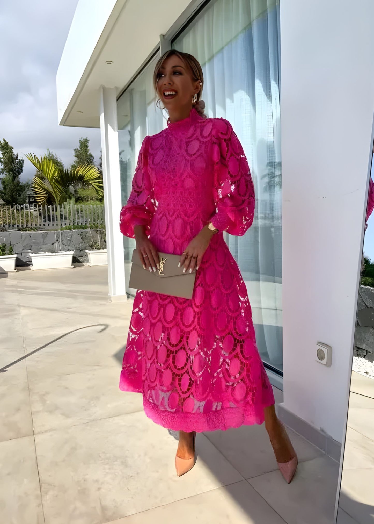 Women's Guilted Lace Maxi Dress with High Neck and Puff Long Sleeves