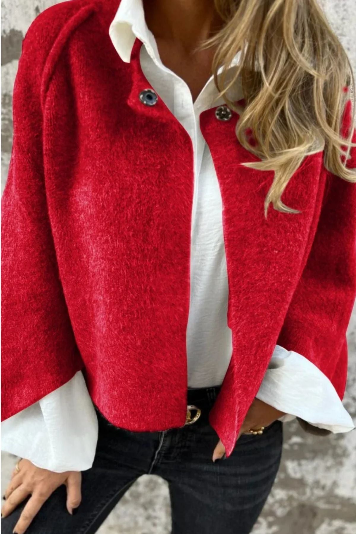 Women's Cropped Wool Blend Jacket with Brushed Texture and Boxy Silhouette