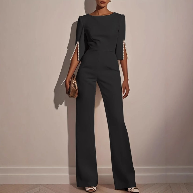 Women’s Tailored Wide Leg Jumpsuit with Pearl Embellished Split Sleeves