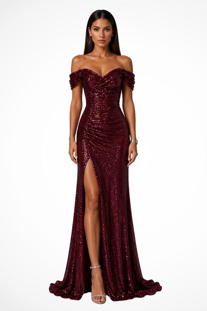 Women's Off Shoulder Side Slit Sequin Wedding Guest Maxi Dress