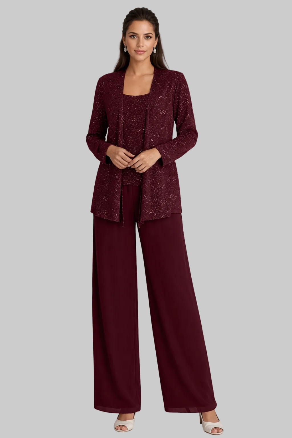 Women’s Three-Piece Pantsuit with Sequin Lace Jacket and Wide-Leg Trousers