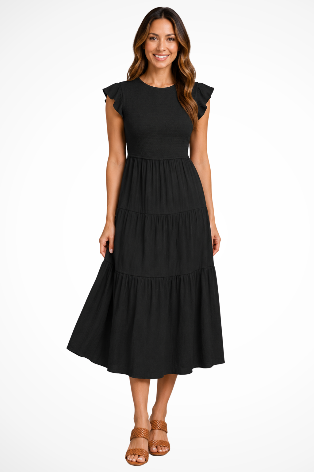 Tabitha | Women Flutter Sleeve Shirred Tiered Summer Midi Dress