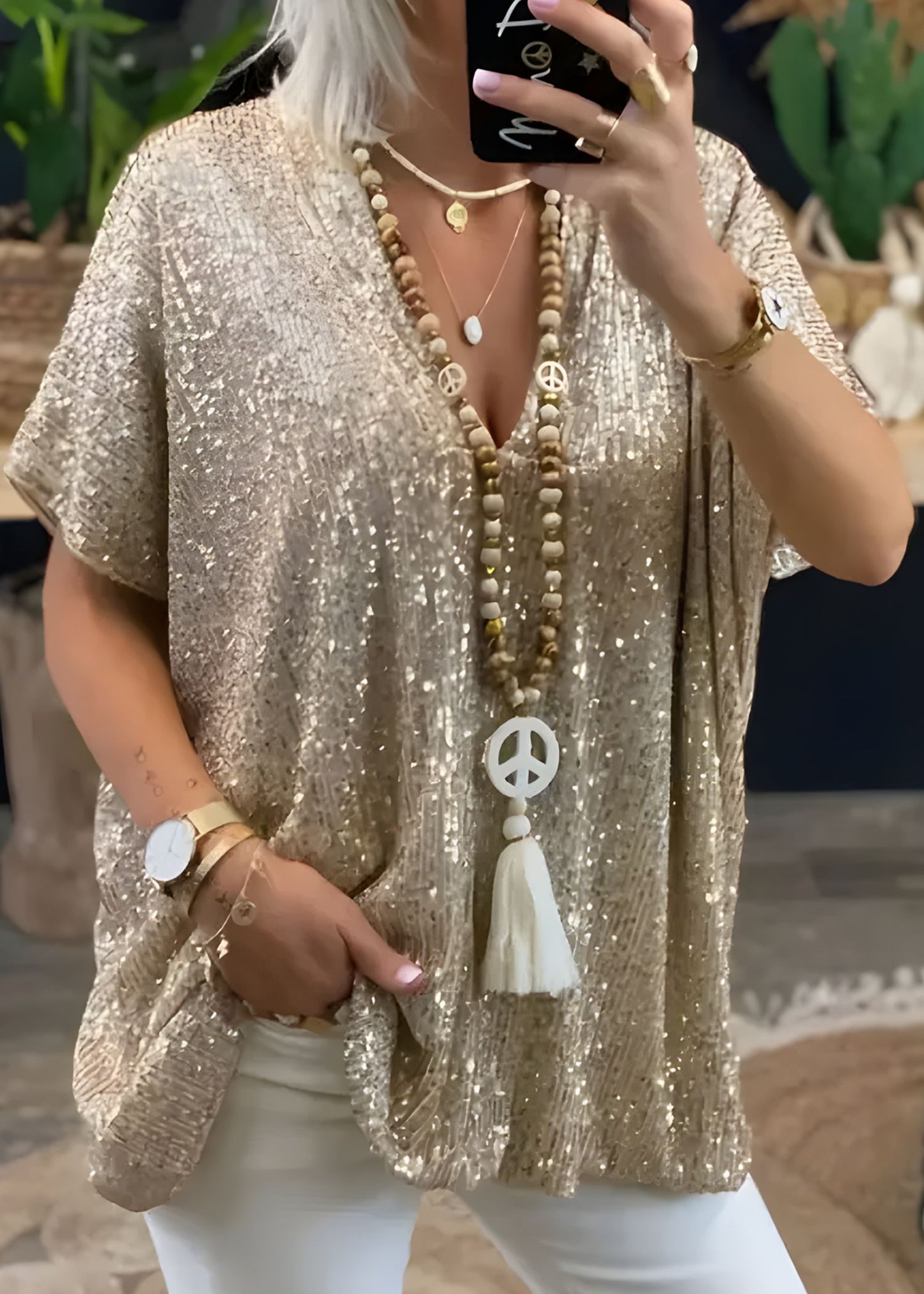 Women¡¯s Sequin V-Neck Tunic Top Loose Fit Oversized Short Sleeve Party Blouse