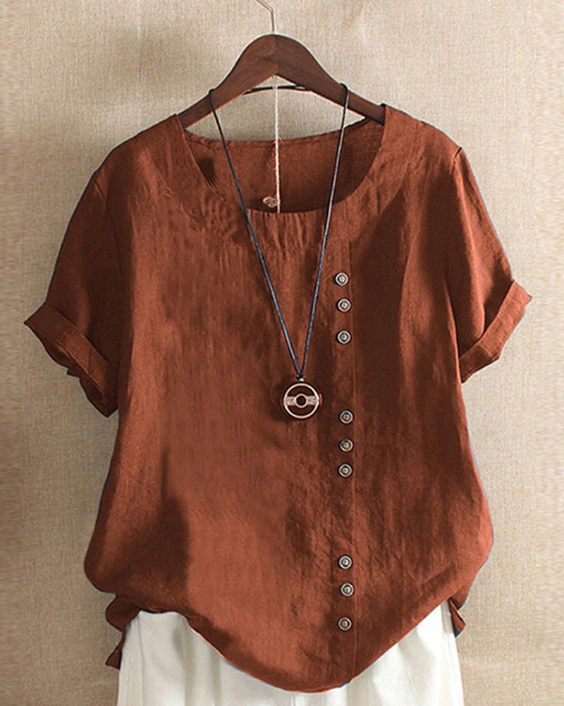 Women’s Casual Top with Crew Neckline and Asymmetric Button Front