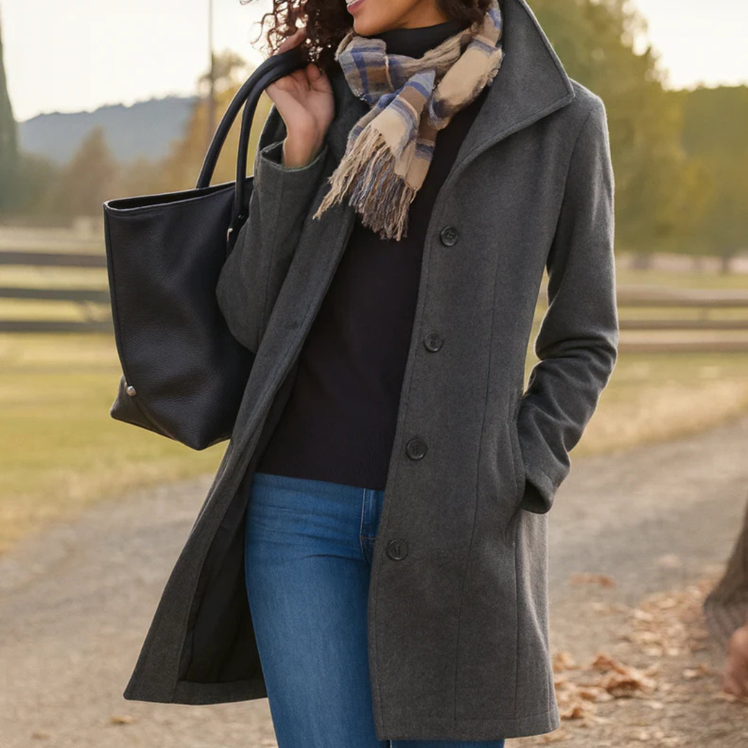 Women's Long Button-Front Winter Coat with Notch Collar
