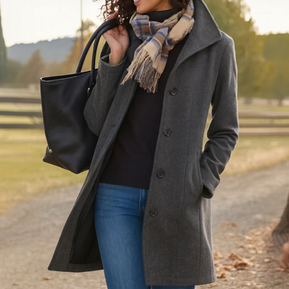 Women's Long Button-Front Winter Coat with Notch Collar