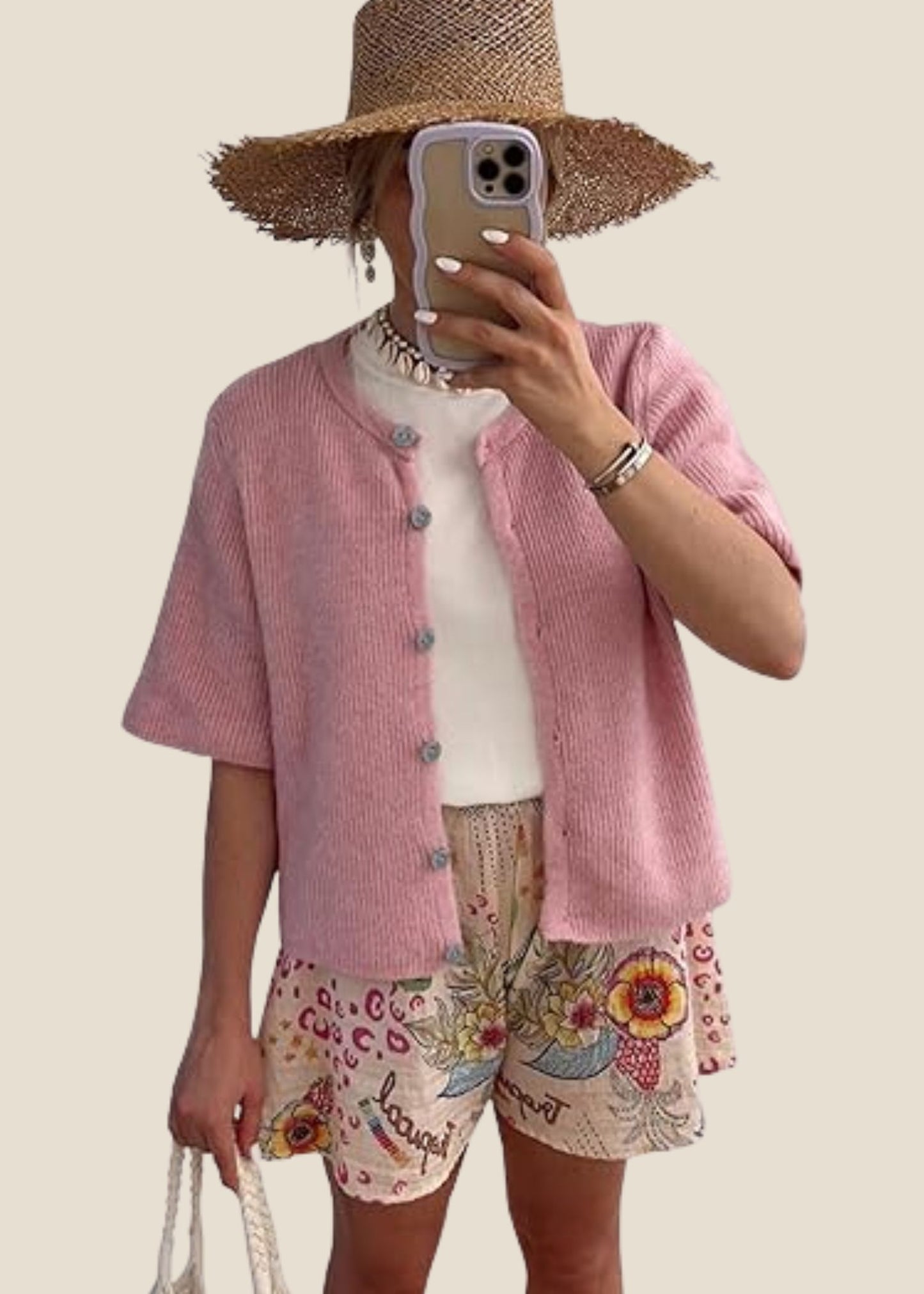 Women’s Short Sleeve Knit Cardigan with Ribbed Texture and Button-Down Front