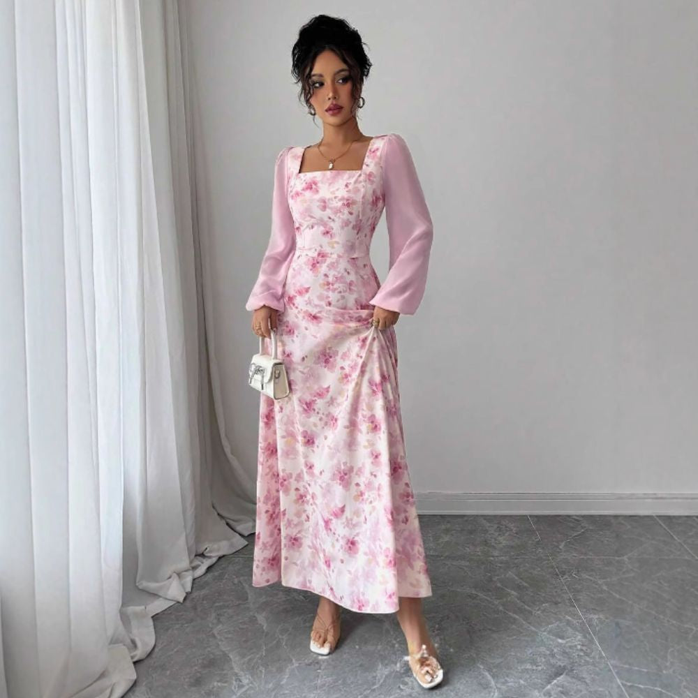 Women’s Midi Dress Square Neck Long Sleeve Floral Chiffon Gown