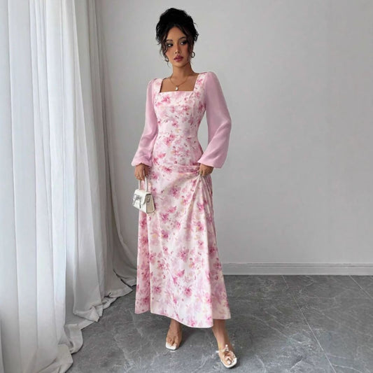 Women’s Midi Dress Square Neck Long Sleeve Floral Chiffon Gown
