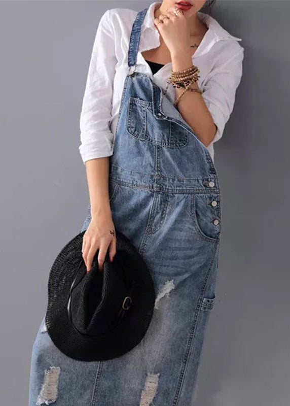 Ceylan Women’s Distressed Denim Overall Dress with Adjustable Straps