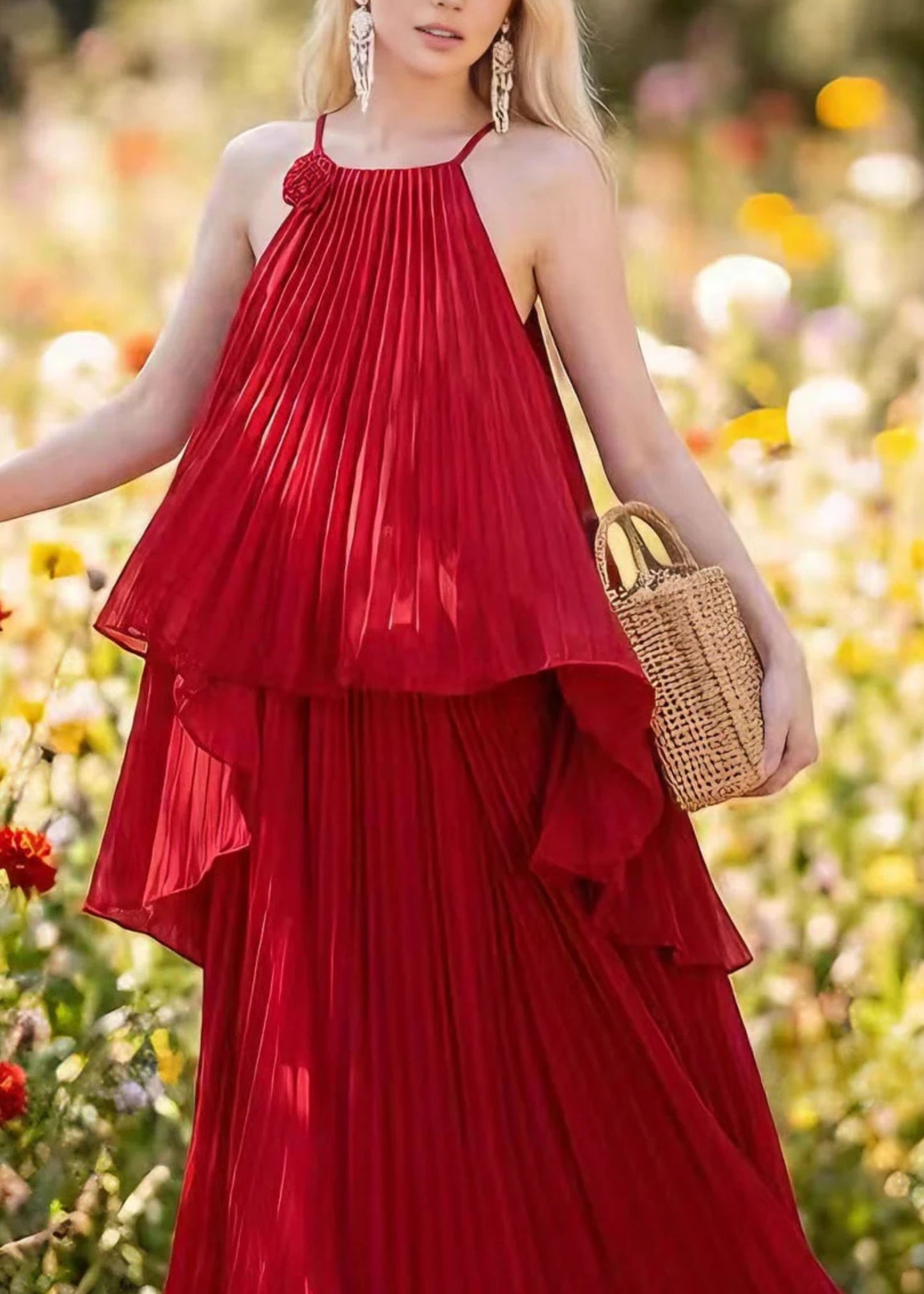 Women’s Two Piece Set with Pleated Chiffon Maxi Skirt and Ruffled Halter Top