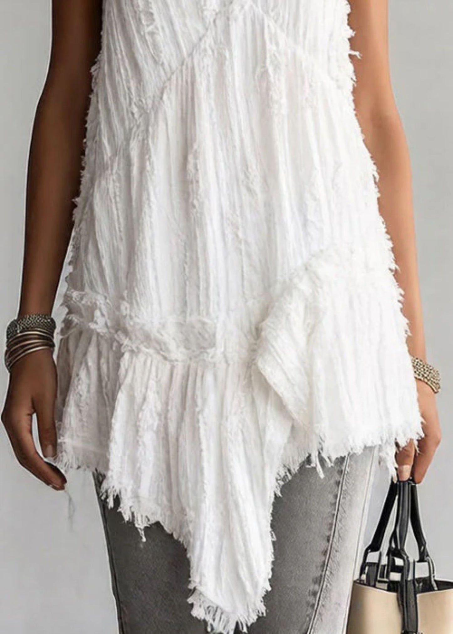 Women's Spaghetti Strap Tank Top with Asymmetrical Ruffled Hem and Cotton Fabric