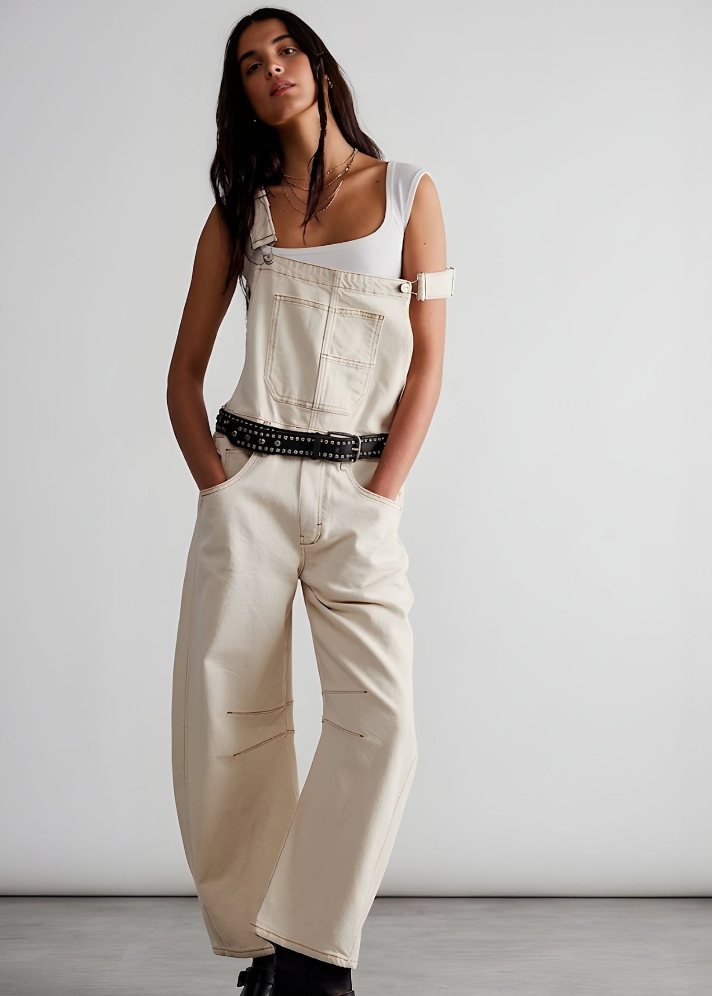 Women’s Wide Leg Barrel Overalls with Relaxed Fit and Utility Pockets