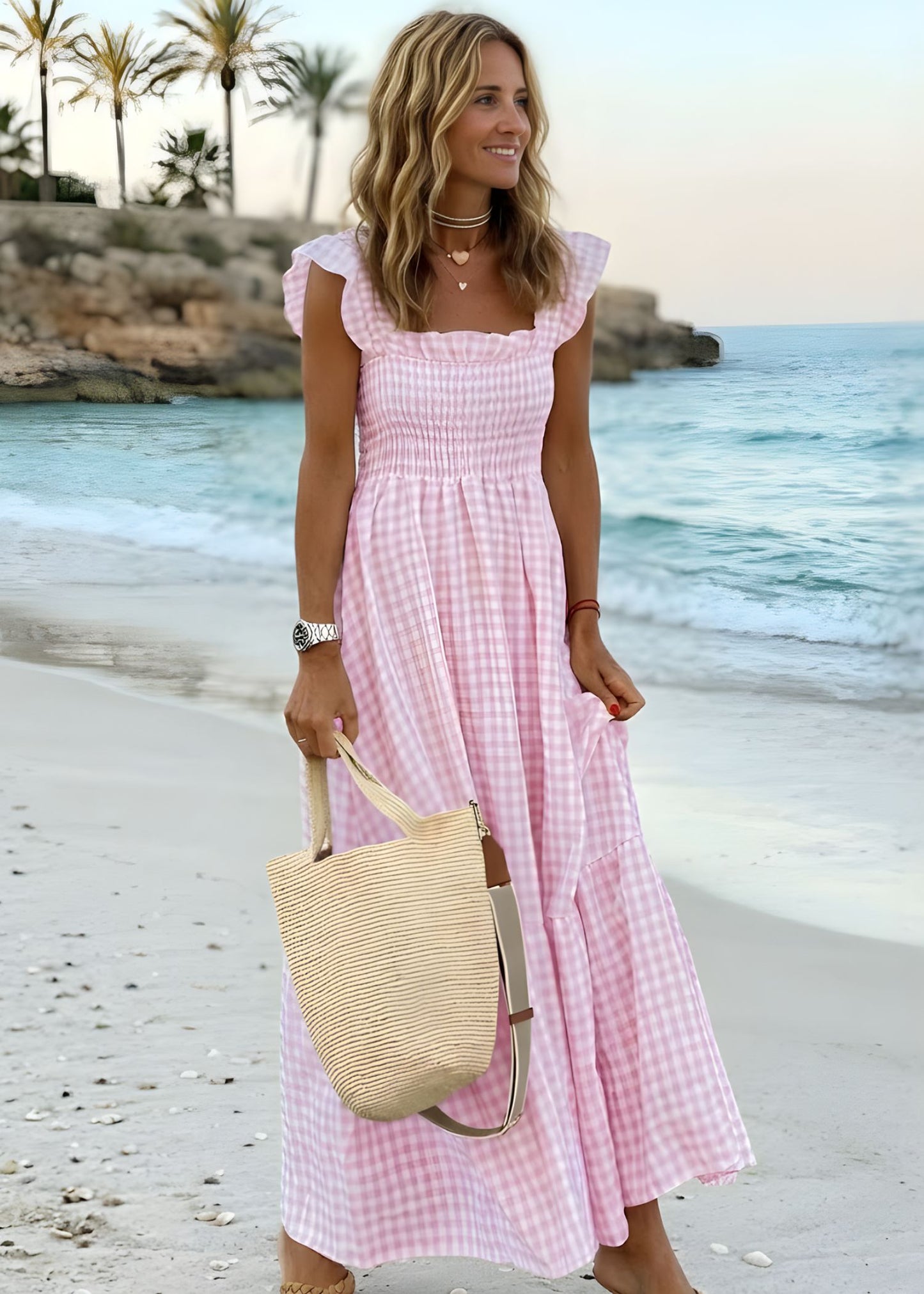 Women's Square Neck Maxi Dress with Smocked Bodice and Tiered A-Line Skirt