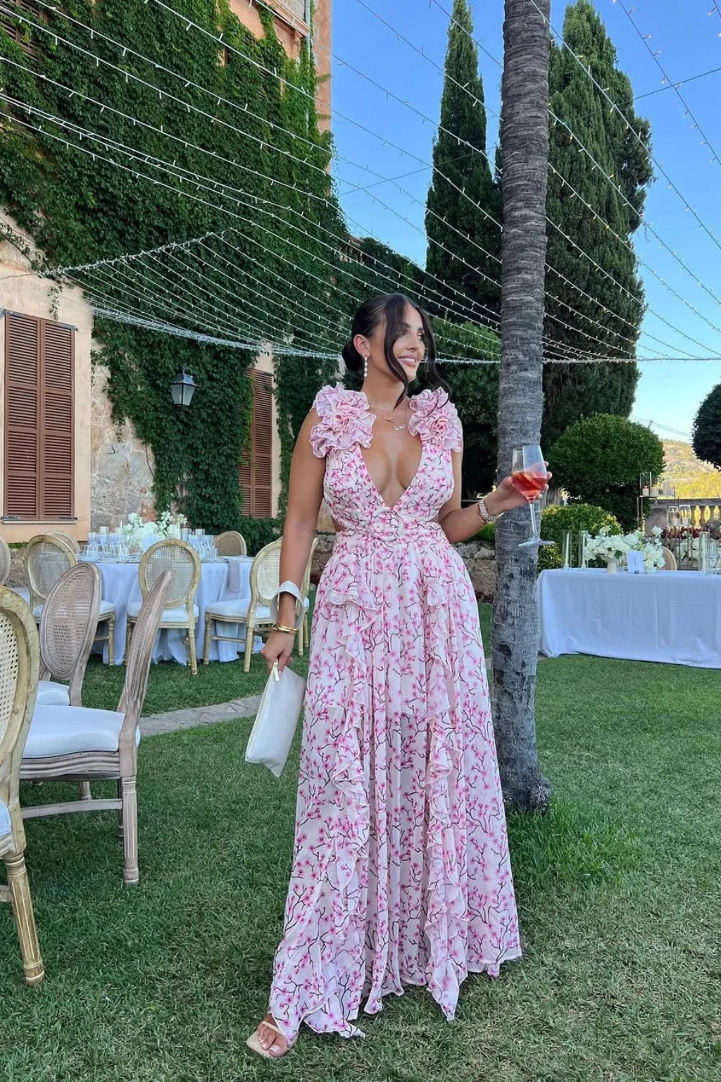 Women's V Neck Floral Ruffle Wedding Guest Maxi Dress