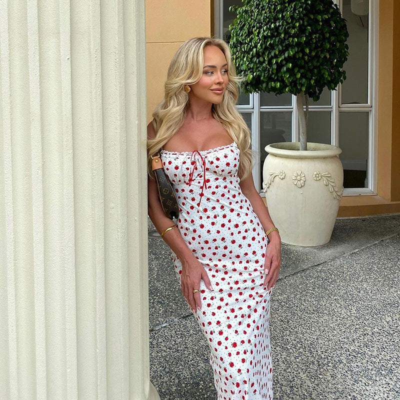 Women’s Floral Slip Maxi Dress with Tie Front Gathered Bust