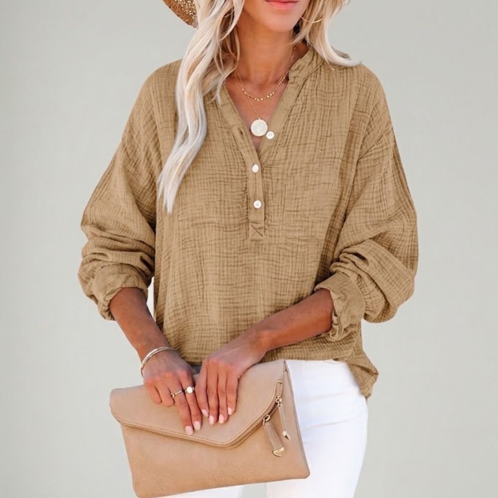 Women's Henley Blouse with Textured Gauze Fabric and Long Sleeves