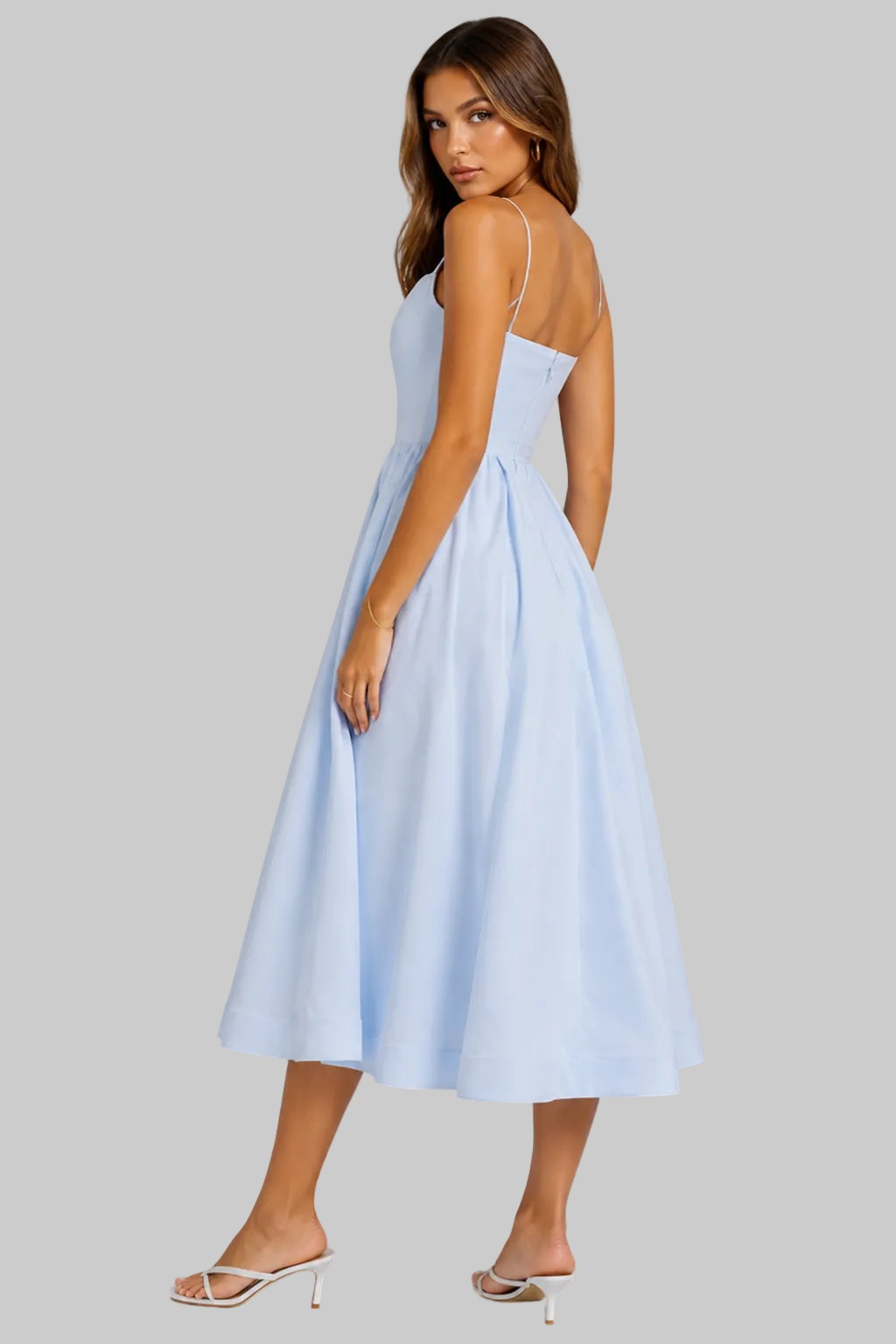 Women’s Midi Dress with Square Neckline and Flared Skirt