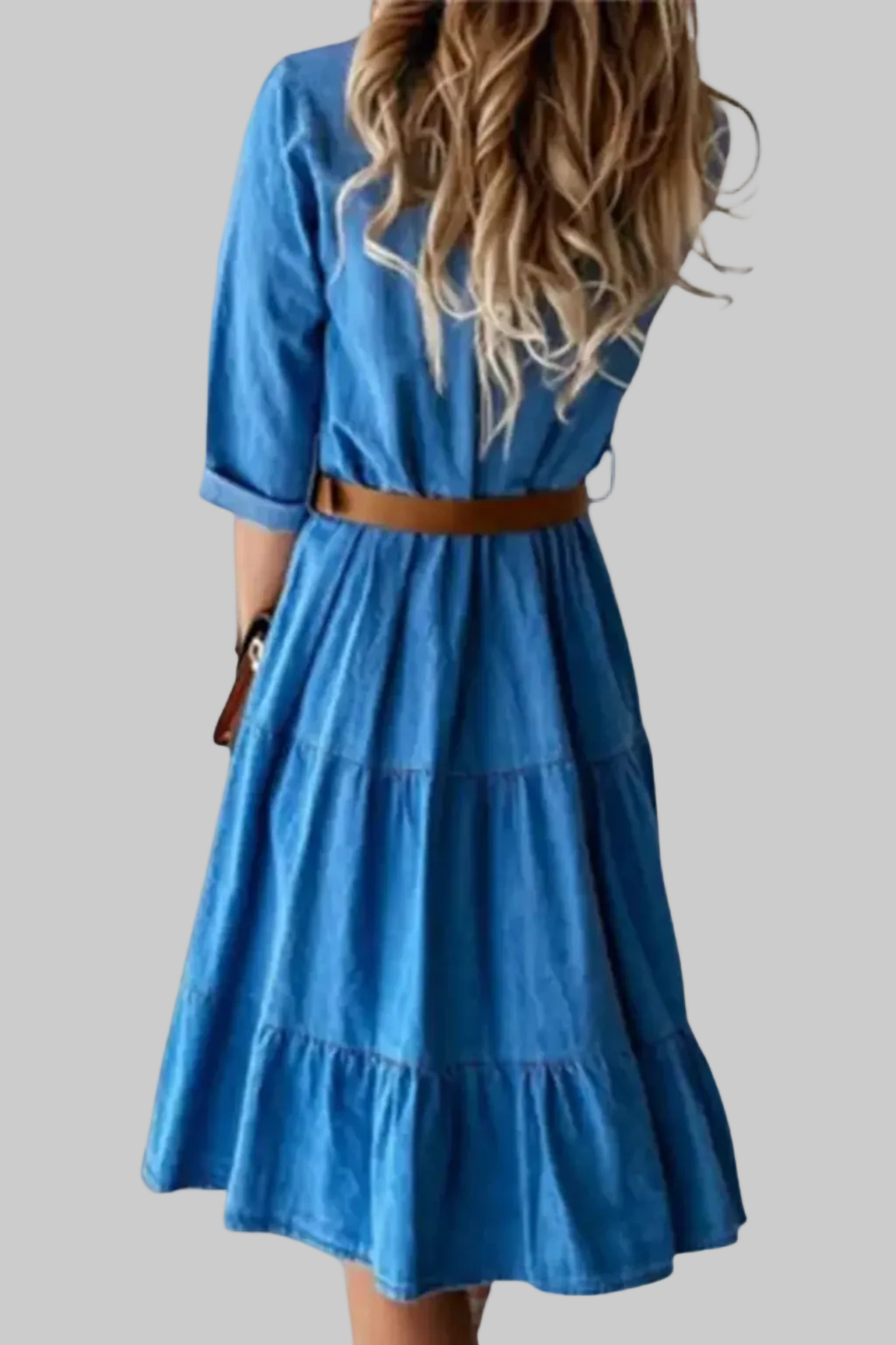 Women’s Midi Dress Denim Tiered Button Down Shirt Gown