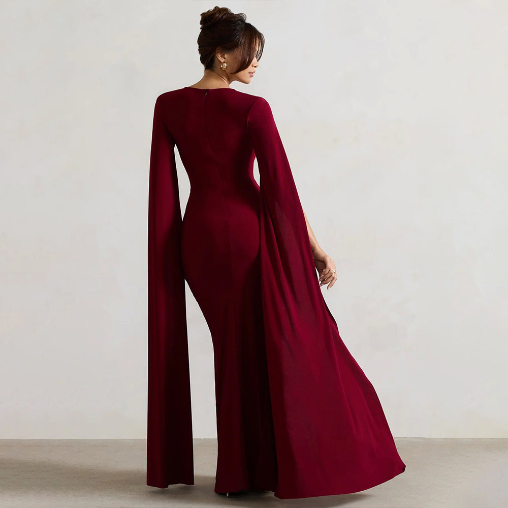 Women’s Square Neck Maxi Dress with Cape Sleeves and High Side Slit
