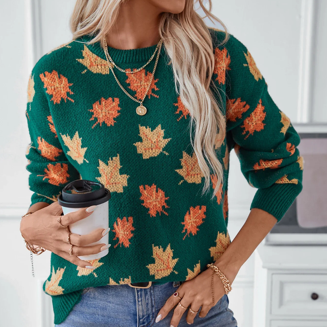 Ceylan Women's Knit Sweater Autumn Leaf Pattern