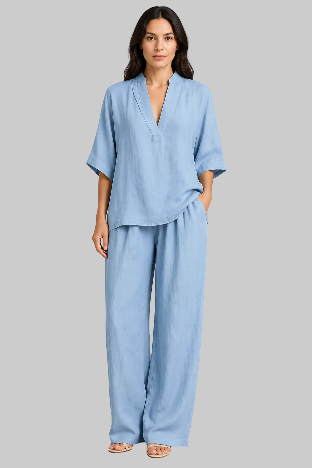 Women’s Linen Co-Ord Set with V-Neck Tunic Top and Wide Leg Trousers
