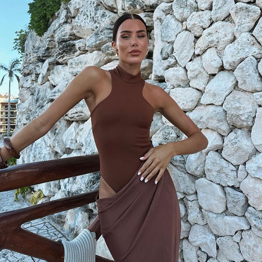 Women’s High Neck Maxi Dress with Draped Asymmetric Satin Skirt