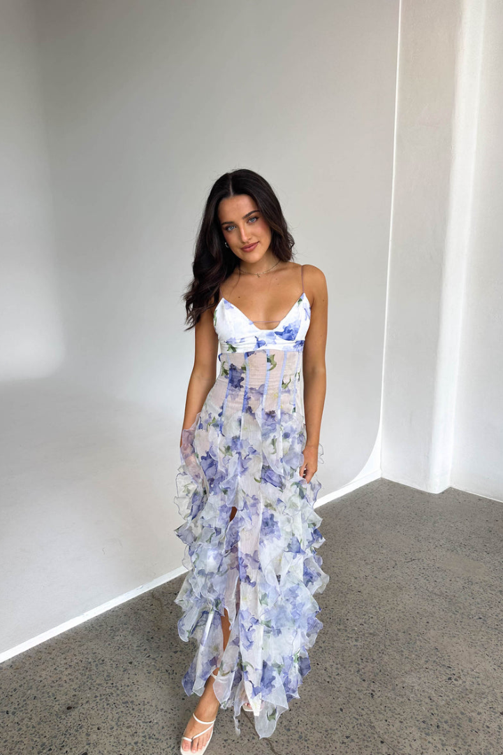 Women’s Floral Ruffle Maxi Dress Sleeveless V Neck Tiered Wedding Guest Gown
