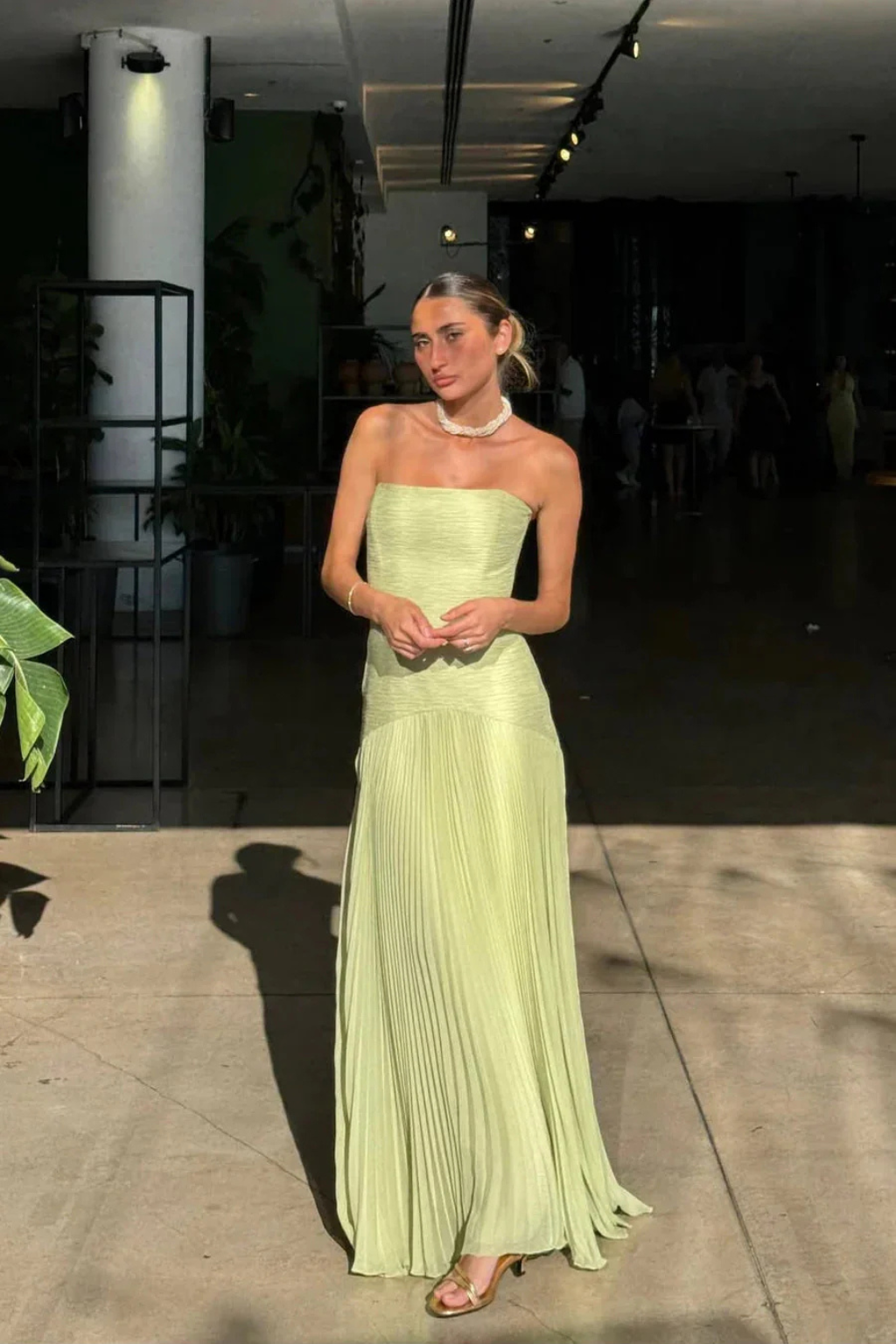 Women Strapless Pleated Drop Waist Wedding Guest Maxi Dress