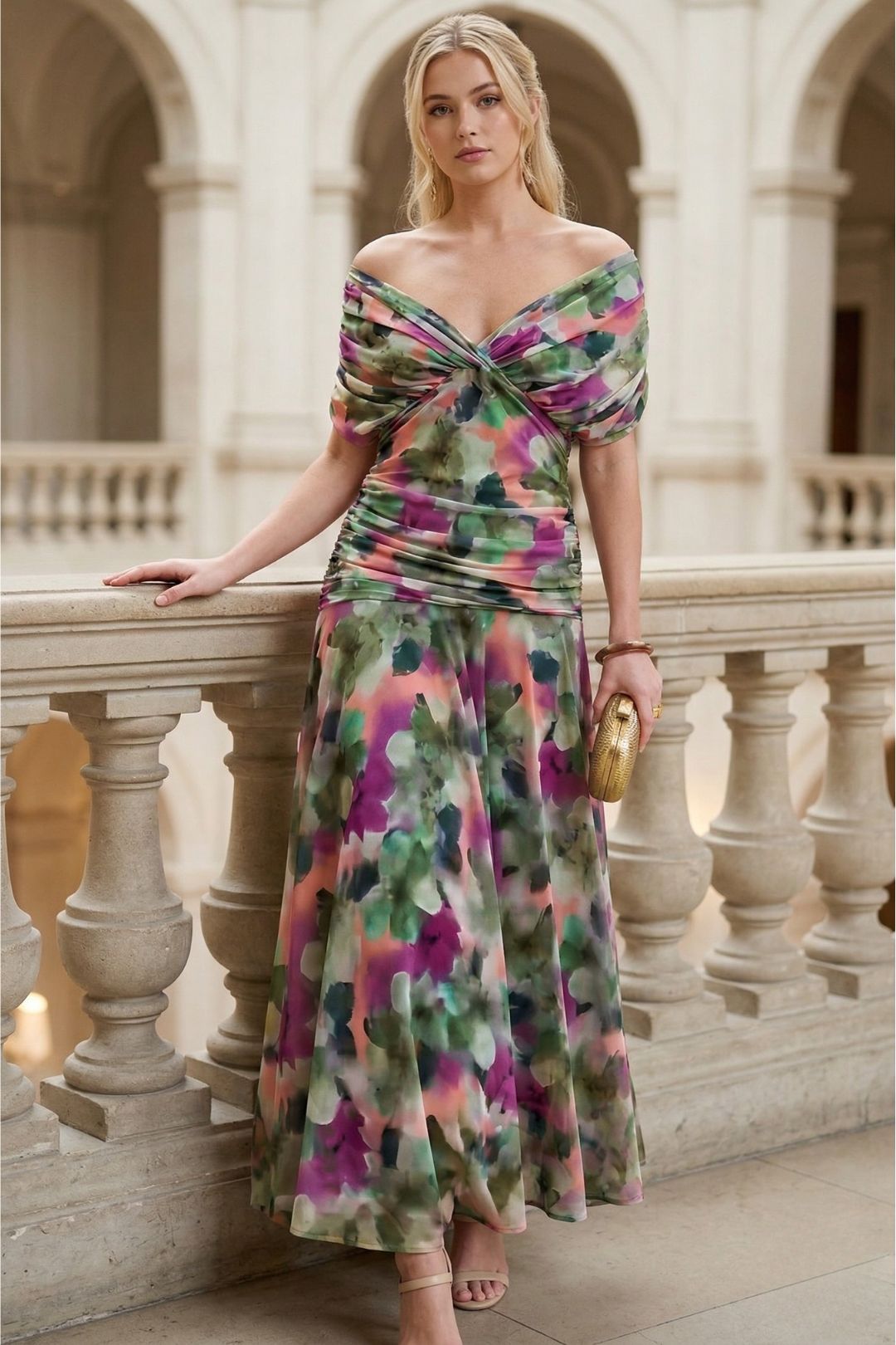 Women's Off-The-Shoulder Ruched Floral Maxi Dress with Sweetheart Neckline