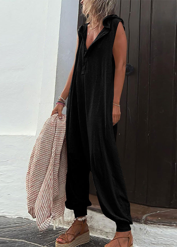 Ceylan Women’s Sleeveless Hooded Jumpsuit with Half Button Front